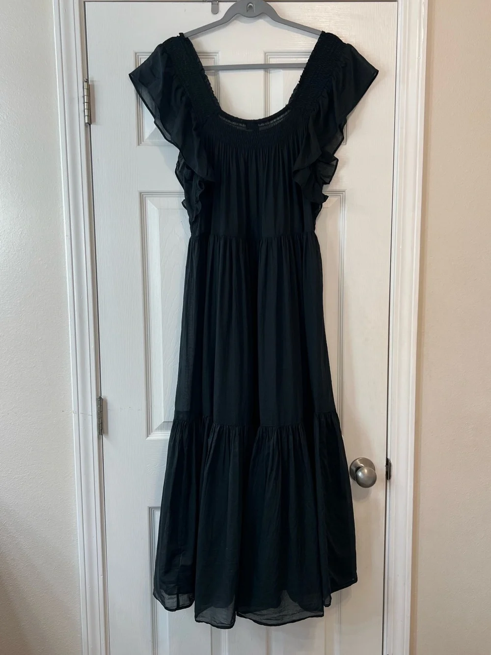 J.Crew Black Sheer Cotton Tiered Maxi Dress Flutter Sleeve Smocked Boho Prairie